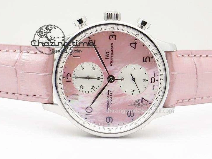 MIROTIME 0311 Portuguese 40mm Chrono SS Pink MOP Dial on Pink Leather Strap A Reliable 7391
